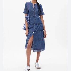 Gap x LoveShackFancy Denim Lace Tiered Midi Dress Med Romantic Limited-Edition
